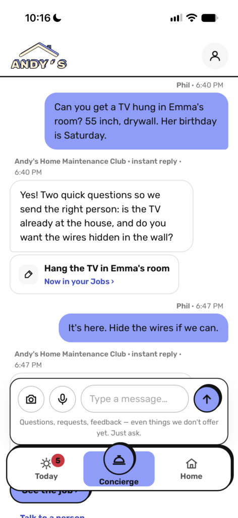 Asking to hang a TV in the Andy's app and getting an instant reply
