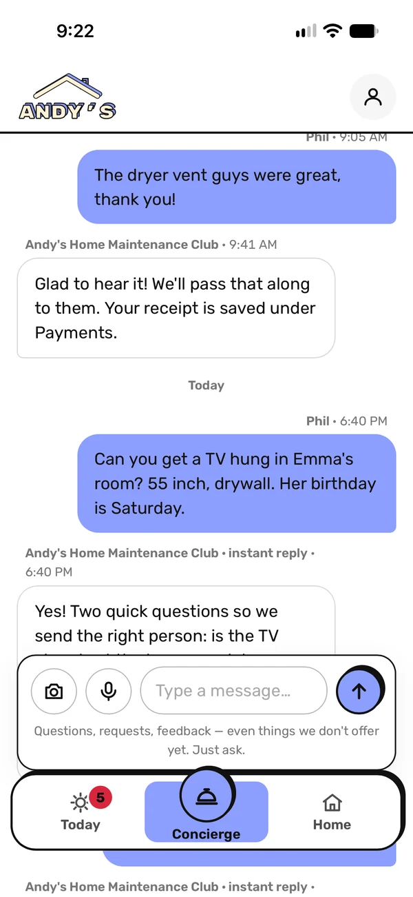 The Concierge thread in the Andy's app: asking to hang a TV and getting an instant reply