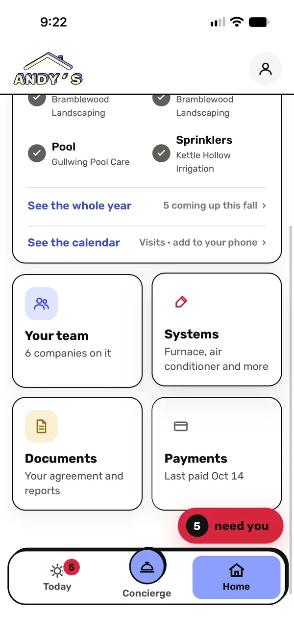 The Home screen in the Andy's app: the year's services, your team, systems, documents and payments