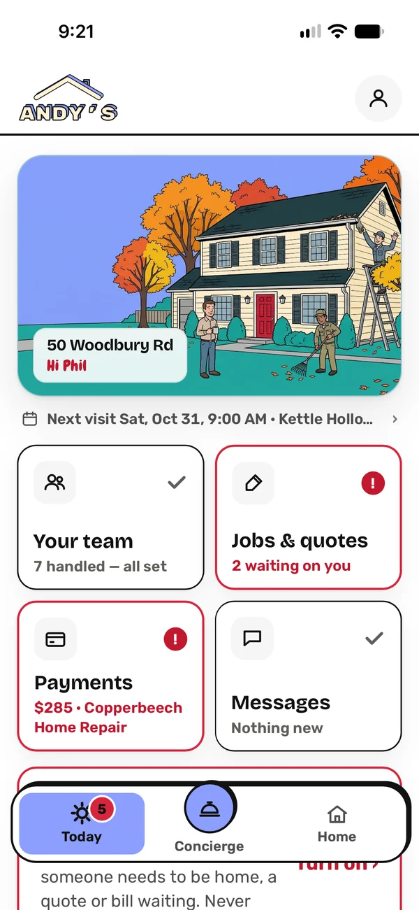 The Today screen in the Andy's app: four tiles, with jobs and payments outlined in red because they need you