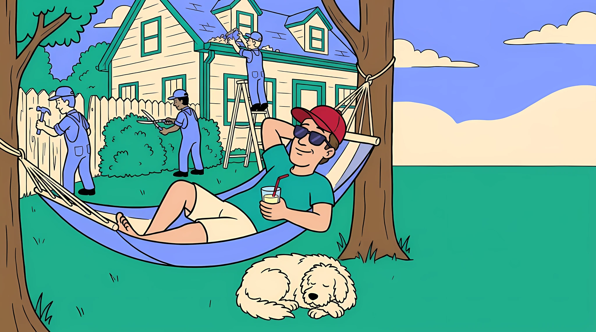 Homeowner relaxing in a hammock with a lemonade while pros fix the fence, trim the hedges and clean the gutters