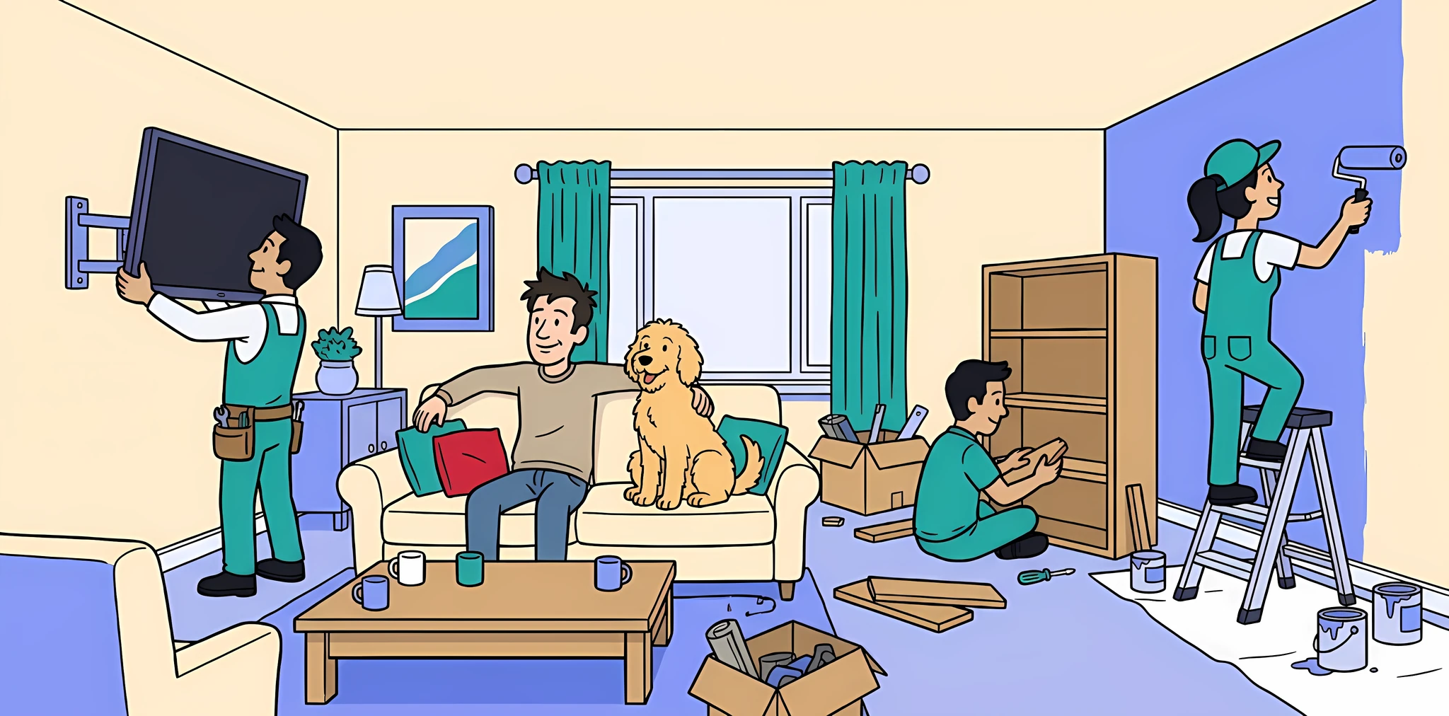 Pros mounting a TV, building a bookshelf and painting a wall