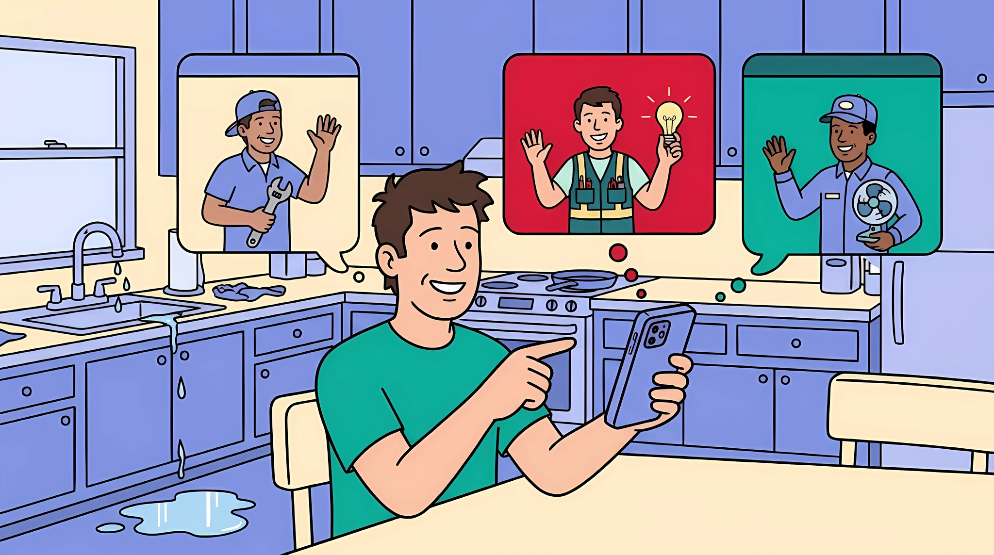 Homeowner choosing between a plumber, an electrician and an HVAC pro on his phone
