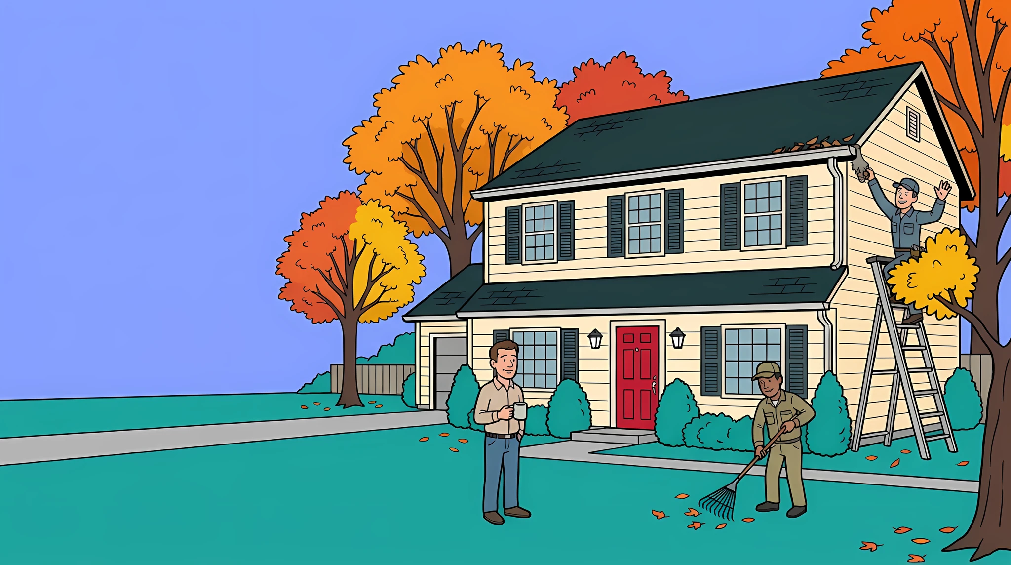 Cartoon of a Long Island colonial in the fall: the homeowner holds a coffee while a pro cleans the gutters and another rakes leaves