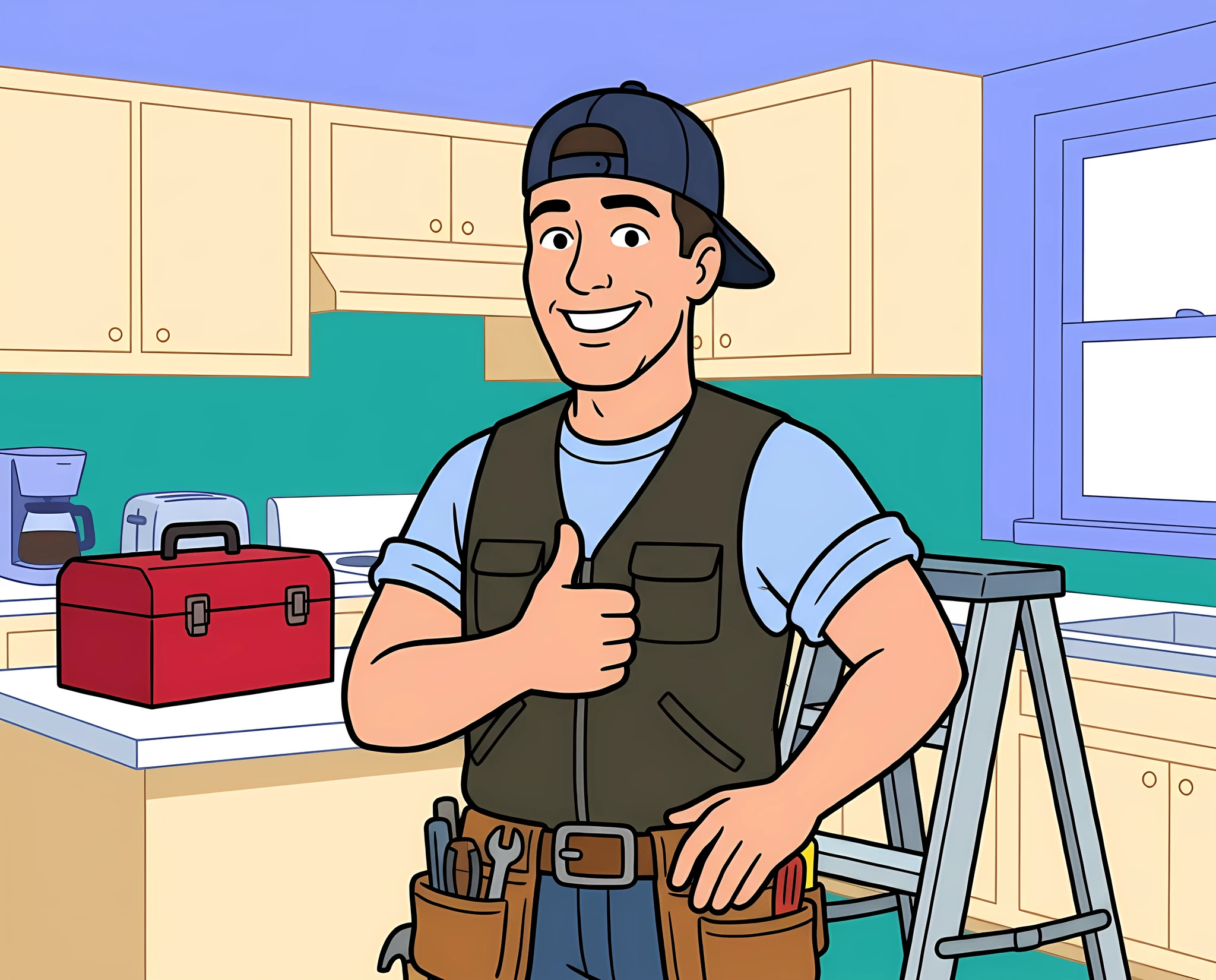 Cartoon tradesman with a tool belt giving a thumbs-up in a kitchen